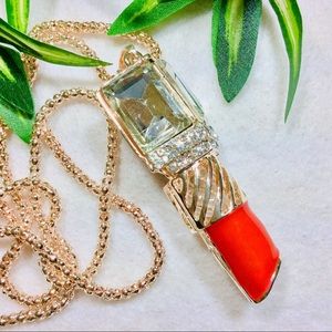 Summer Fun Whimsical Sparkling Jeweled Red Lipstick 28” Long T-Shirt Necklace